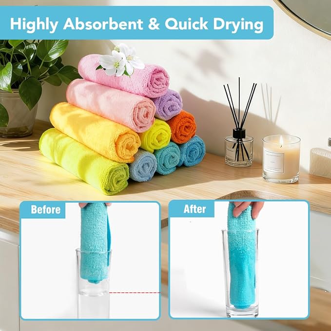 Orighty Washcloths Towels Set 20 Pack, Highly Absorbent and Soft Feel Microfiber Face Cloths, Multi-Purpose Wash Cloths & Hand Towels for Bathroom, Hotel, Spa, and Gym, 11.5x11.5 Inch, Multicolor