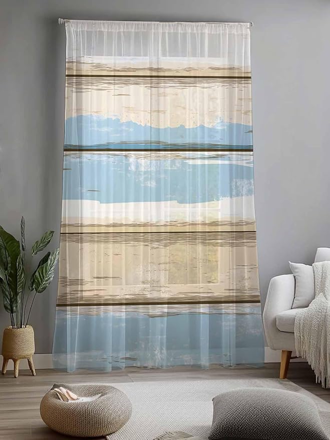 Sheer Curtains 84 Inches Long, Vintage Geometric Blue Semi Sheer Curtains Light - Image 2