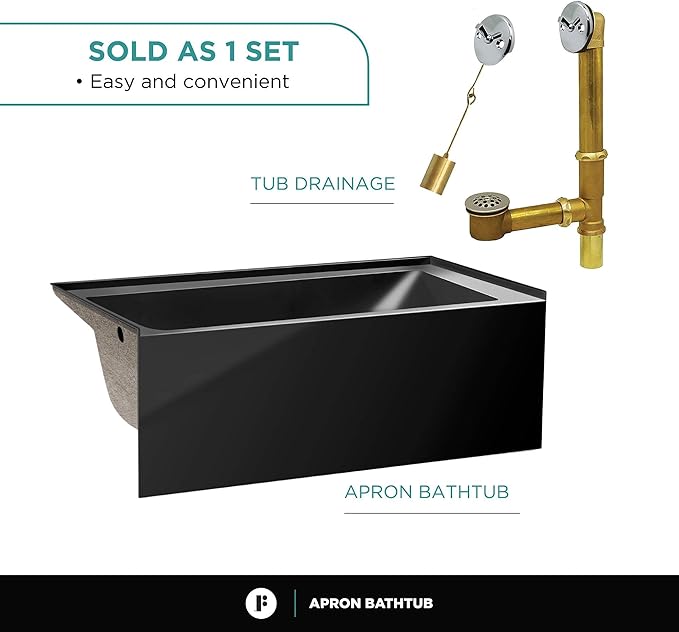 Fine Fixtures Acrylic, Fiberglass Alcove Soaking Bathtub with Integral Apron Front - Drain Included (60" x 30", Right Hand, Black)