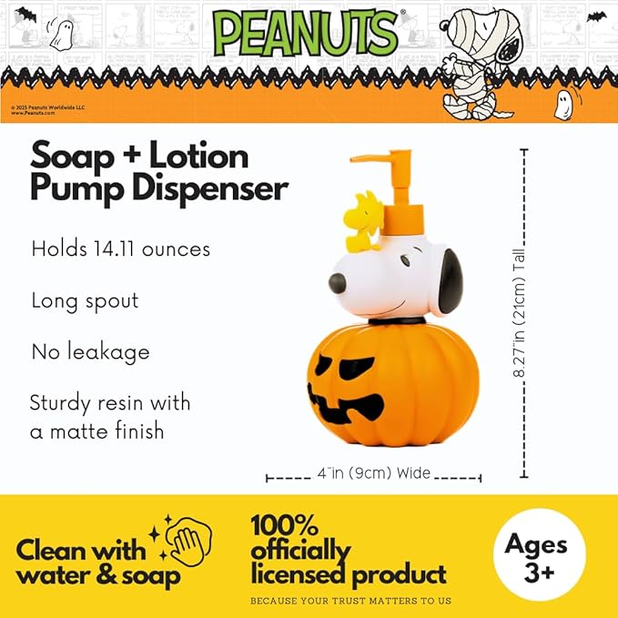 Peanuts Snoopy Pumpkin Soap/Lotion/Hand Sanitizer Resin Pump Dispenser, 10.01 Ounces, (Officially Licensed Product) by Franco Collectibles