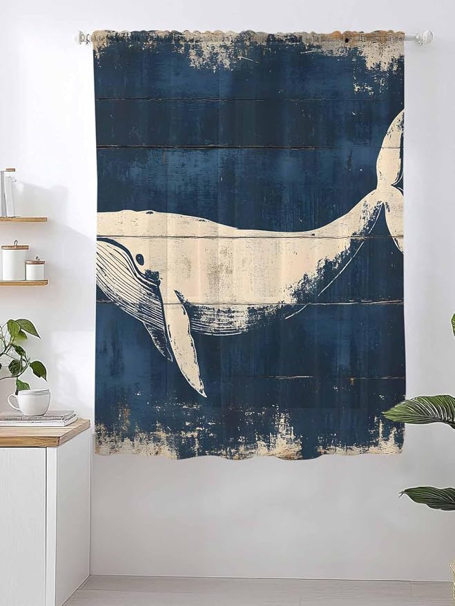 Sheer Curtains 72 Inches Long, Ocean Whale Blue Semi Sheer Curtains Light - Image 2
