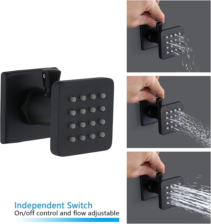 Matte Black Shower System 16 Inches Ceiling Mount Full Body Shower Faucet Set Brass Thermostatic Massage Shower with On/Off Body Jets and Handheld Can Run All At Once
