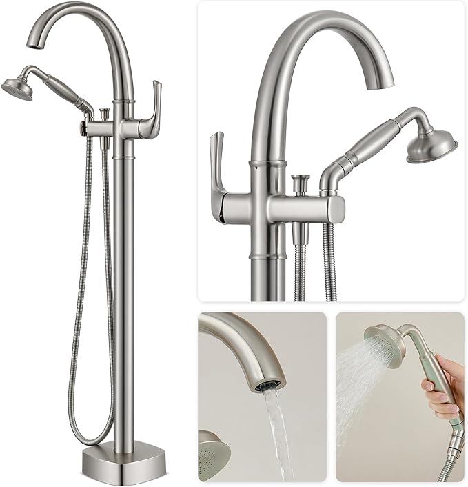 Free Standing Tub Faucet, Hanallx Luxury Brushed Nickel Freestanding Bathtub Faucet with Sprayer, Premium Brass High Flow Rate Floor Mount Tub Filler Swivel Spout, Roman Tub Faucet Set（HM88011-BN）