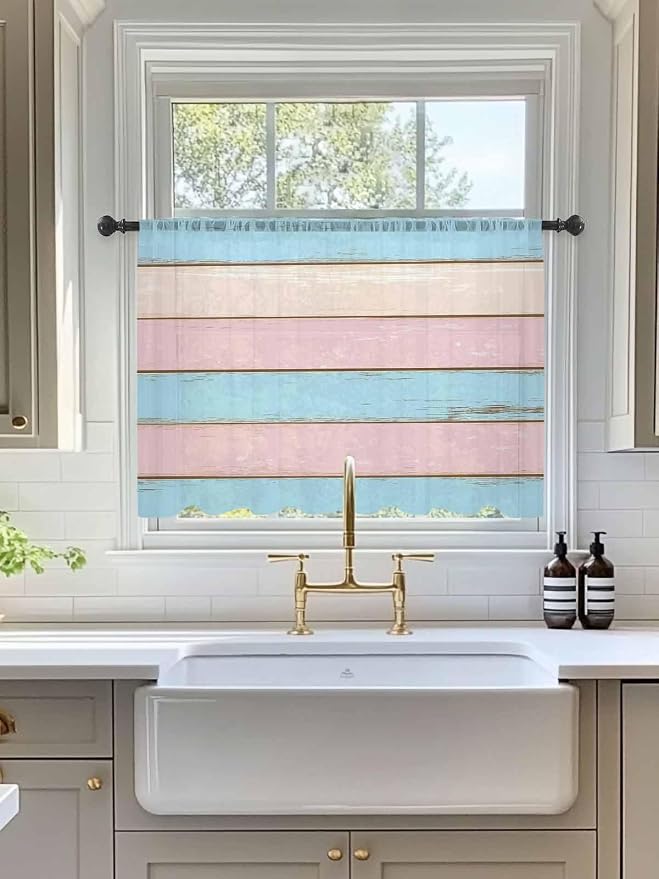 Sheer Curtains 54 Inch Length, Farmhouse Country Shabby Striped Privacy Voile - Image 3