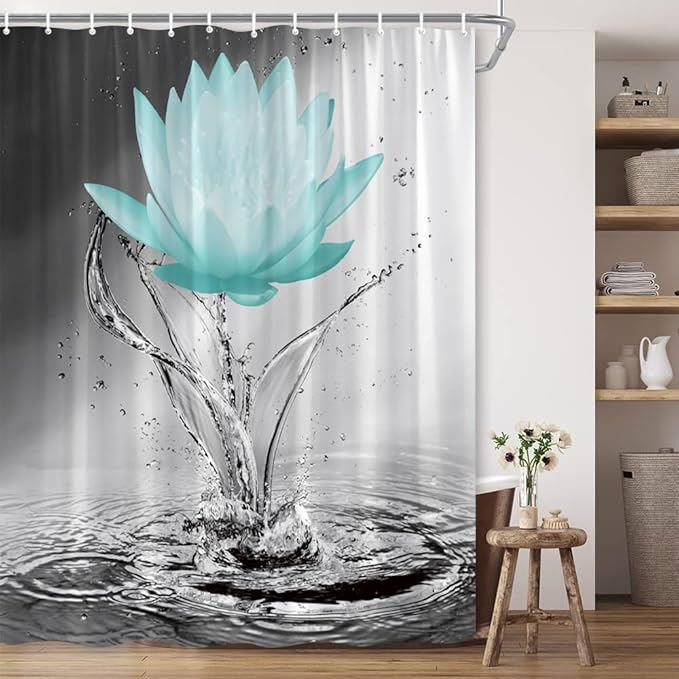 Lotus Shower Curtain Black White Grey Teal Flower Elegant Blooming Floral with Dew Spring Flower Reflection on Water Modern Romantic Polyester Fabric Bathroom Decor 108×70 Inch with Hook