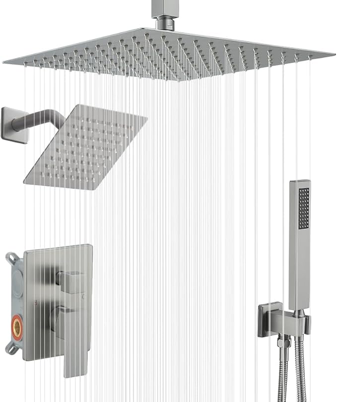 Shower Faucet Set Brushed Nickel Shower System, Knob Switch Diverter Shower Faucet with High Pressure Handheld Spray, Ceiling Mount 12 Inch Shower Head with 6 Inch Wall Mount Shower Head