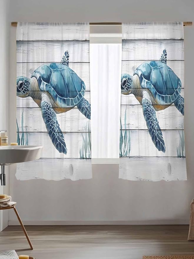 Sheer Curtains 63 Inch Length, Sea Turtle Blue Semi Sheer Curtains Light - Image 5