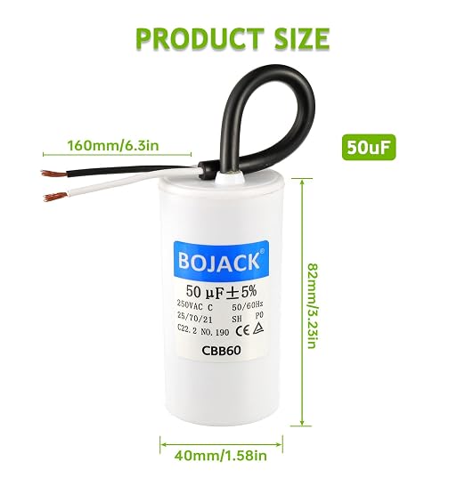 BOJACK Run Capacitor 50 uF MFD 250V AC 50 MFD CBB60 2 Wire 50/60Hz Cylinder - Image 2