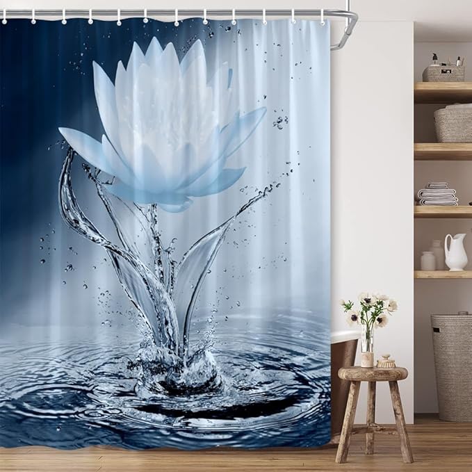 Lotus Shower Curtain Blue Flower Elegant Blooming Floral with Dew Spring Flower Reflection on Water Modern Romantic Polyester Fabric Bathroom Decor 70×84 Inch with Hook