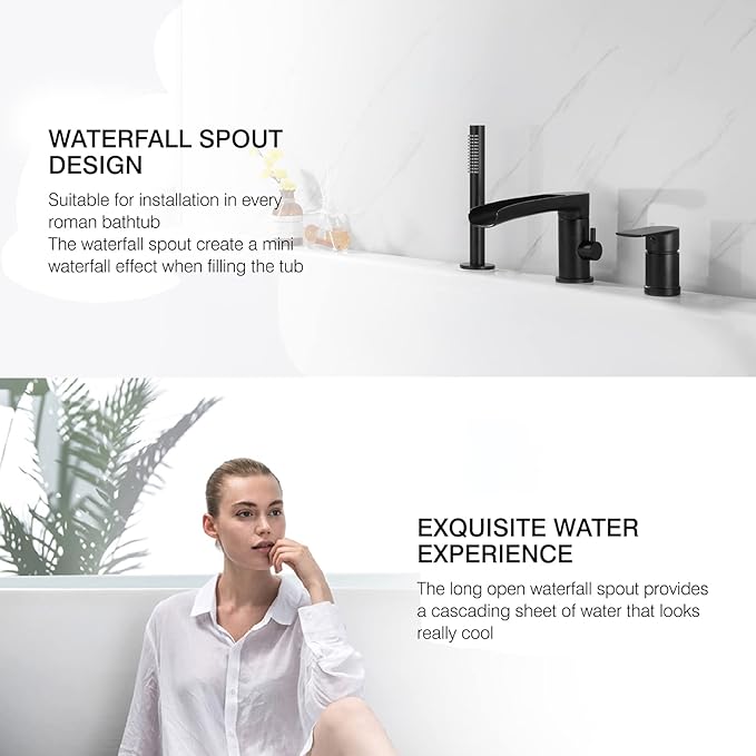TapLong Waterfall Roman Tub Faucet with Hand Shower, Widespread Deck Mount Bathtub Faucet with Sprayer, Single-Handle 3-Holes Bathtub Shower Faucet Set in Matte Black, 03119B