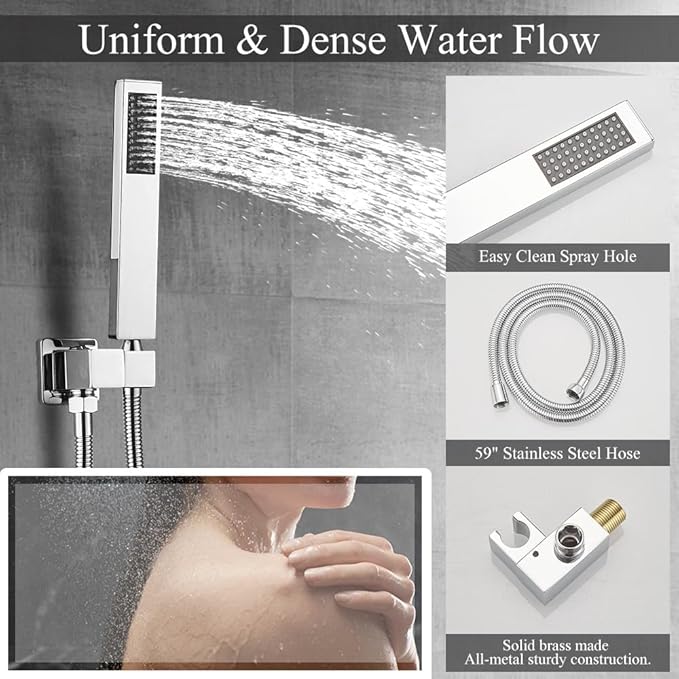 Shower Faucet Set 16 Inch Wall Mount Rain Shower System, All Metal Shower Fixtures - Polished Chrome