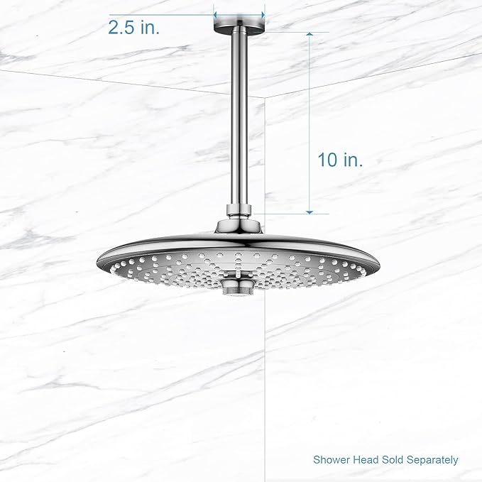OFFO Shower Arm with Flange, 10 in Ceiling Mount Replacement Rain Shower Head Straight Arm Ceiling-Mounted For Fixed Shower Head & High Pressure Rain, Chrome