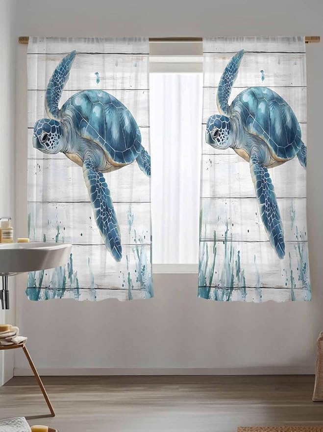 Sheer Curtains 72 Inches Long, Teal Green Ocean Turtle Semi Sheer Curtains - Image 5
