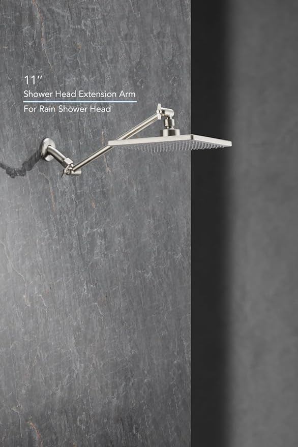 11 Inch Adjustable Shower Head Extension Arm With Locking Set Screw, Singing Rain Brass Nickel Brushed Angle Height Adjustable, Easy To Install, G1/2 Universal Connector Compatible (Nickel Brushed)