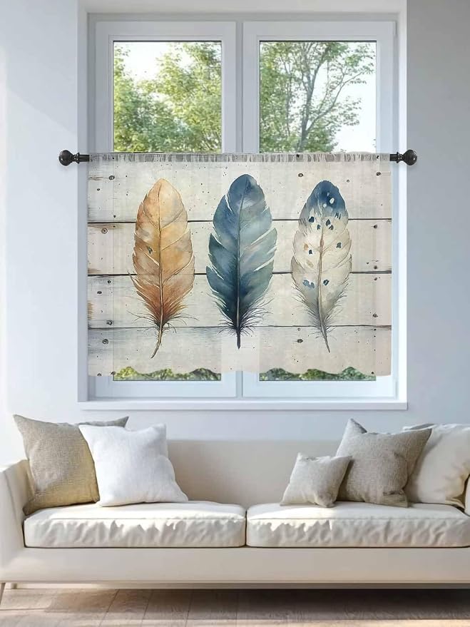 Sheer Curtains 45 Inch Length, Boho Blue Feathers Semi Sheer Curtains Light - Image 4