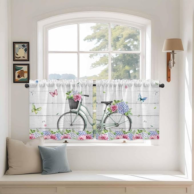 Spring Tier Curtains, Bicycles Botanical Rose Leaves Butterfly Wood Grain Light - Image 3