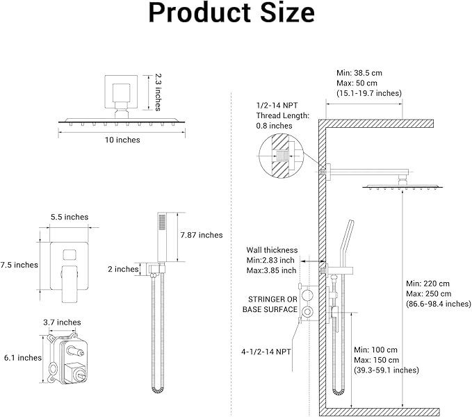 Shower Faucet set with Shower head, Wall Mount 10 Inch Square Rainfall Shower Head and Handle Set Single Handle Shower System Set with Female Threads Valve Body and Trim Included (Chrome)