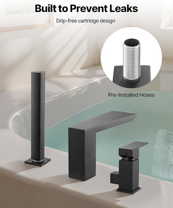 VEVOR Roman Tub Faucet, 3 Hole Waterfall Bathtub Faucet, Roman Bathtub Faucets Set with Shower Head & 1 Handle, Romans Bathtub Faucets for Pet Washing, Adult Bathing, Matte Black, Stainless Steel