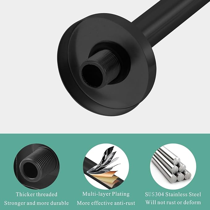 Voolan 15" Round Shower Arm with Flange and Teflon Tape, Extension Shower Head Arm for Bathroom Fixed Shower Head, Solid Stainless Steel, Wall Mounted (Matte Black)