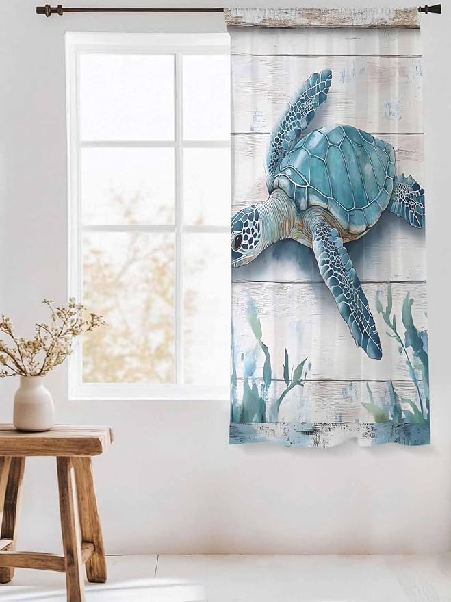 Sheer Curtains 72 Inches Long, Teal Green Sea Turtle Semi Sheer Curtains Light - Image 3