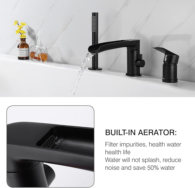 TapLong Waterfall Roman Tub Faucet with Hand Shower, Widespread Deck Mount Bathtub Faucet with Sprayer, Single-Handle 3-Holes Bathtub Shower Faucet Set in Matte Black, 03119B