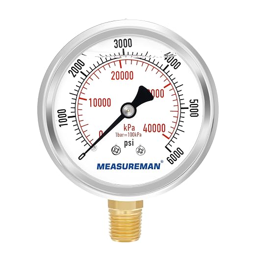 MEASUREMAN 2-1/2" Dial Size, Glycerin Filled Pressure Gauge, 0-6000psi/kpa by MEASUREMAN