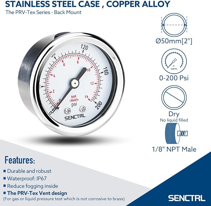 SENCTRL 0-200 psi Pressure Gauge, 1/8 NPT Back Mount, Waterproof, Stainless - Image 2