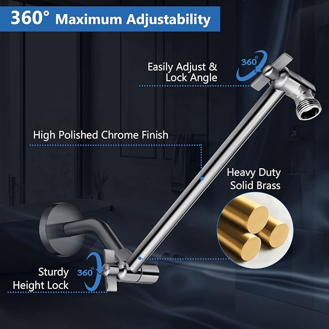 (Brushed Nickel),12'' High Pressure Rain Shower Head with 11'' Adjustable Extension Arm and 5 Settings Handheld Shower Head Combo,Powerful Shower Spray Against Low Pressure Water
