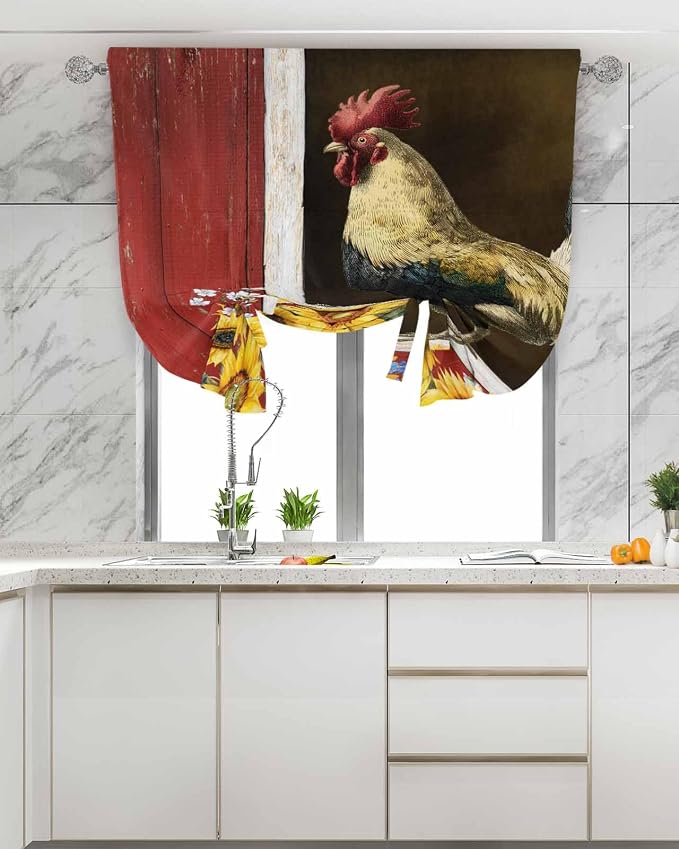 Tie Up Curtains for Windows, Chicken Sunflowers Adjustable Balloon Nature Linen - Image 4