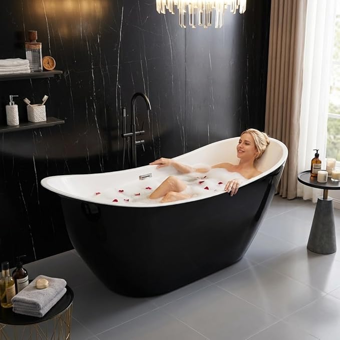 59 Inch Acrylic Freestanding Bathtub, Acrylic Soaking Bathtub with Matte Drain and Overflow, Modern Square Tub, CUPC Certified, Deep Ergonomic Design, Double-Walled Insulation, Easy Installation