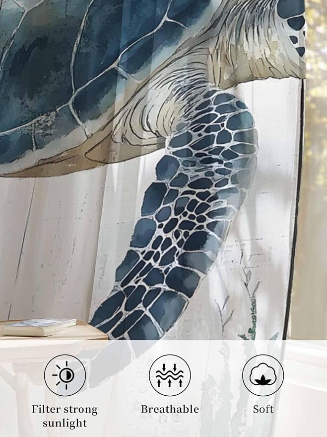 Sheer Curtains 84 Inches Long, Sea Turtle Teal Blue Semi Sheer Curtains Light - Image 6