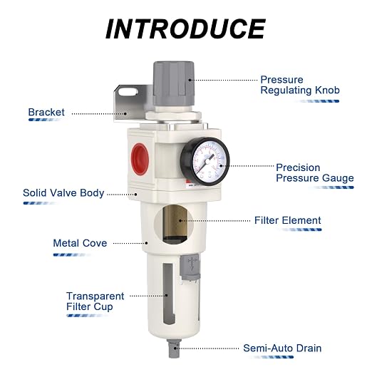1"NPT Air Filter Regulator Combo Piggyback, 5 Micron Brass Element, Semi-Auto - Image 3