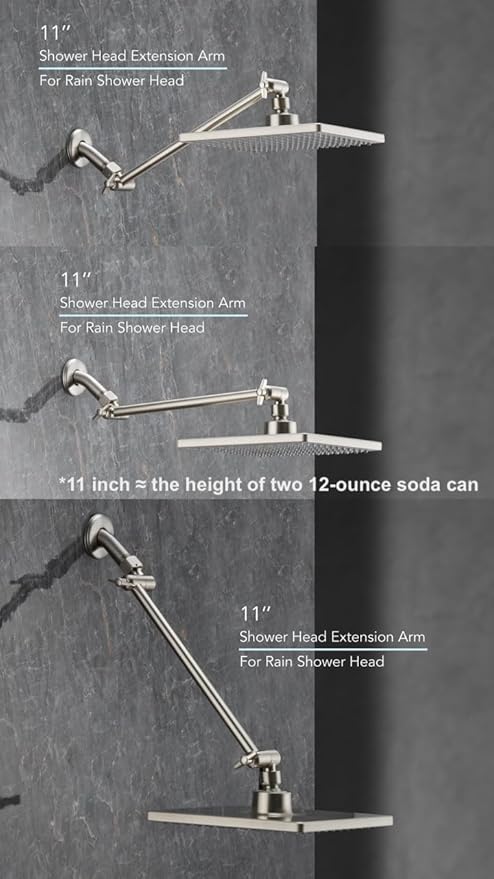 11 Inch Adjustable Shower Head Extension Arm With Locking Set Screw, Singing Rain Brass Nickel Brushed Angle Height Adjustable, Easy To Install, G1/2 Universal Connector Compatible (Nickel Brushed)