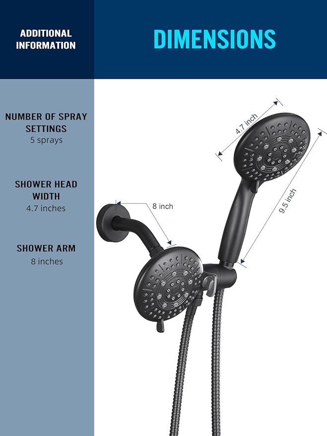 Cobbe Dual Handheld Shower Head Combo, Powerful Water-Saving Shower System 2 in 1 High Pressure Rainfall Shower Combo 48-Setting 3-Way Water Diverter with Anti-Swivel Lock Nut, 6 Spray Mode