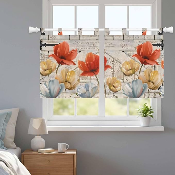 Retro Floral Kitchen Curtains 24 Inch Length, Small Window Curtains Tab Top - Image 9