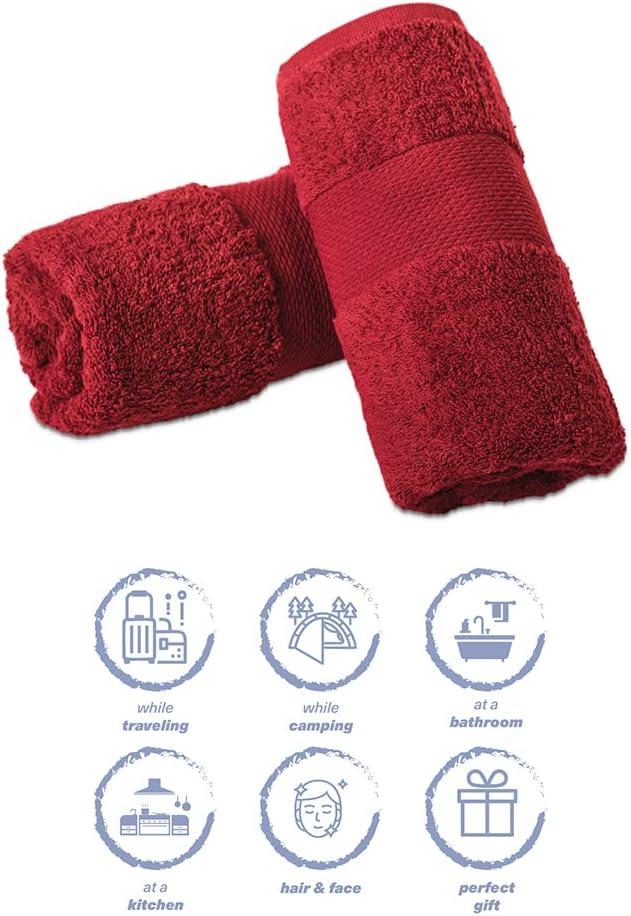 Hencely Luxury Hand Towel - Set of 2 (16x28 Inches) - Soft Turkish Cotton, Absorbent, Quick-Drying Face, Body, Kitchen, and Bathroom Towel (Hand Towels 2 Pack, Red)