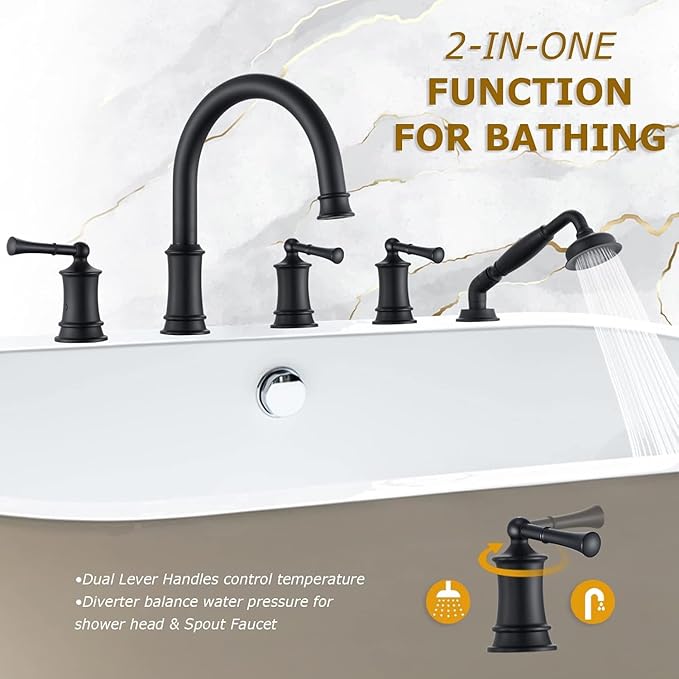 Matte Black Roman Bathtub Faucet Set 5 Hole Deck Mount, Classic Tub Filler with Handshower, High Flow Max 6.3 GPM, 360° Rotatable Spout, 3 Handles, Solid Brass Construction (B2309-BK)