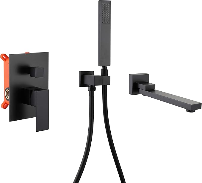Wall Mounted Bathtub Faucet with Handheld Shower, Solid Brass 180° Swivel Bathroom Tub Filler Faucet with Hand Shower Modern Single Handle Tub Faucet Set, Matte Black