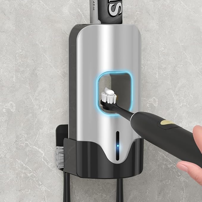 Automatic Toothpaste Dispenser Wall Mounted - Hands-Free Toothpaste Squeezer with 3 Speed Settings, 2 Toothbrush Holders & Strong Adhesive - Smart Bathroom Organizer for Kids and Adults