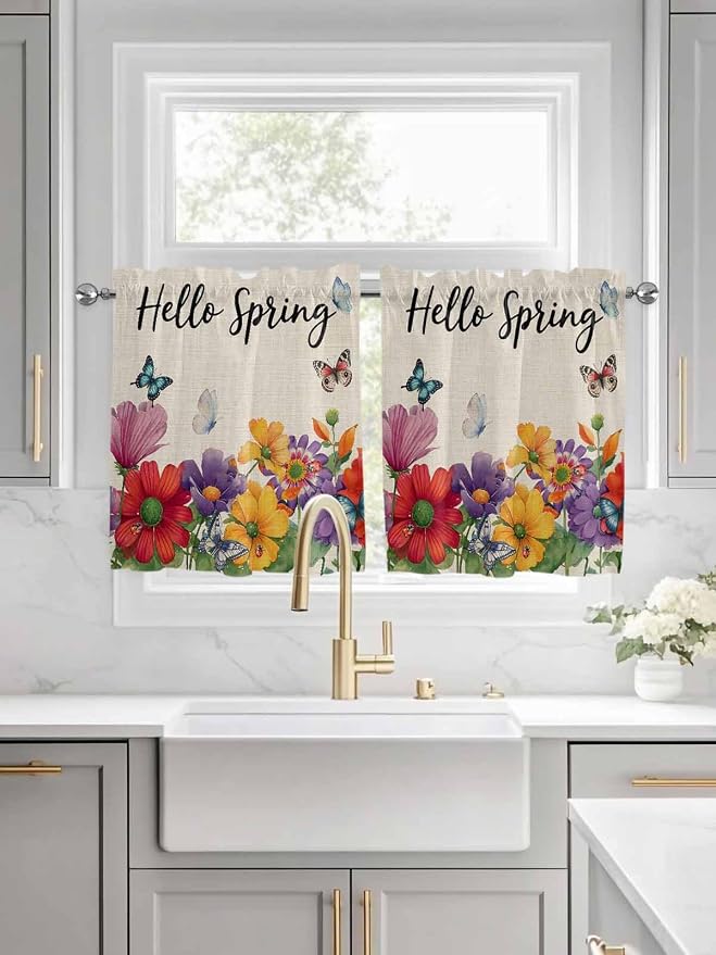Spring Flowers Half Window Curtains 24 Inches Long, Farmhouse Vintage Country - Image 3