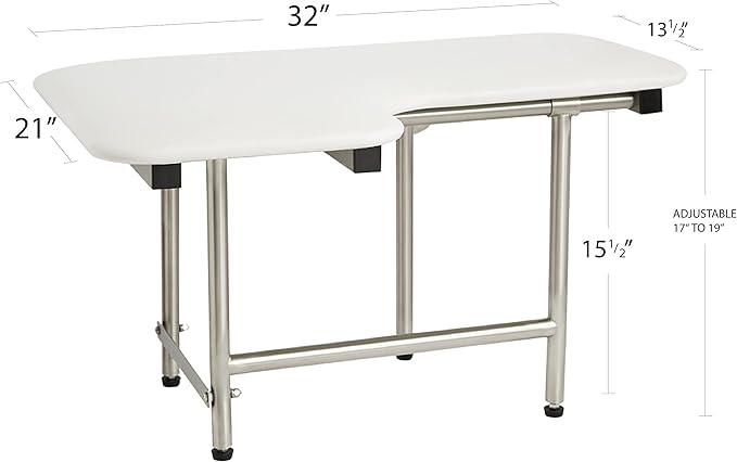 32" x 22.5" White Padded Wall Mount Folding Right-Handed Transfer Bench Shower Seat with Legs, ADA Compliant