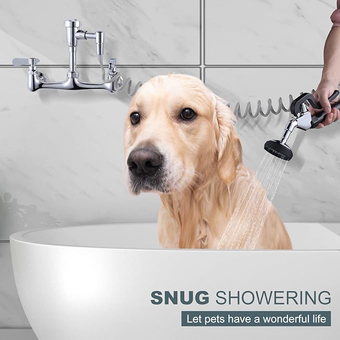Pet Grooming Faucet, Wall Mount 8" Centers Mixing Faucet, Brass Pet Grooming Unit with Aluminum Spray Valve, Coiled Hose, Vacuum Breaker, Lever Handles for Shower Bathroom Garden Outdoors Sink