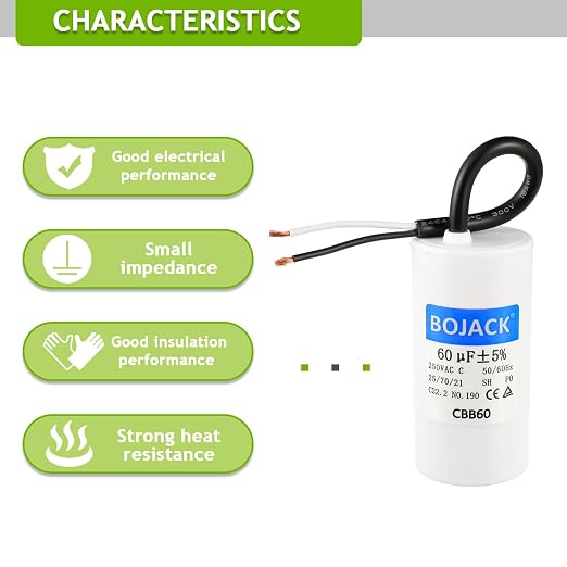 BOJACK Run Capacitor 60 uF MFD 250V AC 60 MFD CBB60 2 Wire 50/60Hz Cylinder - Image 5