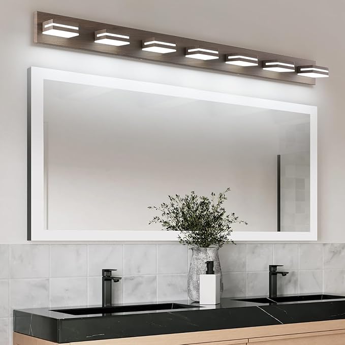 SineRise LED Modern Bathroom Vanity Light Fixtures (7-Light, 55-Inch, Dimmable), Brown Wood Painted Modern Acrylic Bathroom Wall Lighting Fixtures Over Mirror (Cool White 6000K)