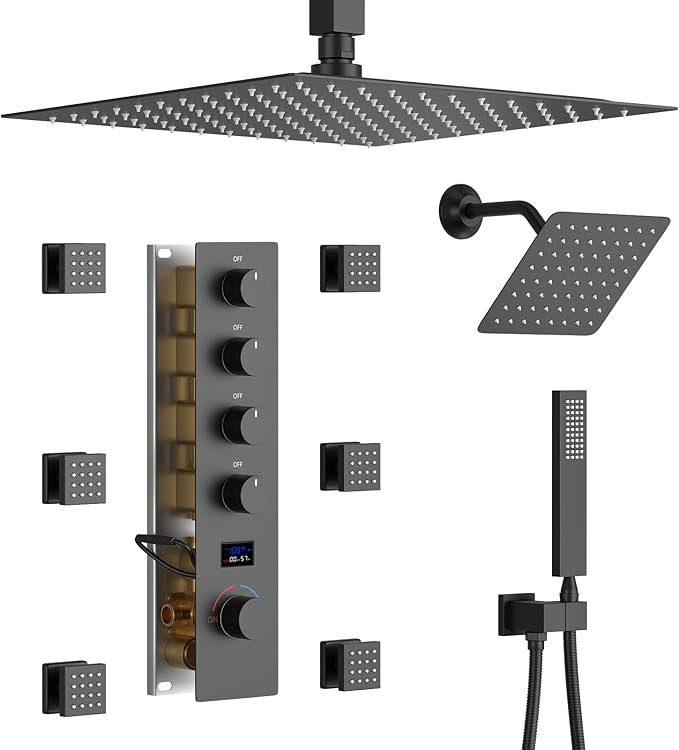 Matte Black Shower System Digital Tempreature Display Thermostatic Shower Faucet Set with 12 inch Ceiling Mount and 8 inch Wall Mount Shower Head, with 6 PCS Body Jet and Handheld Spray