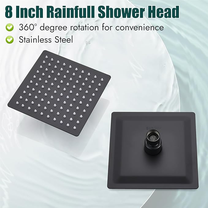 Heyalan 8 Inch Shower Head and Handle Set Square Shower Faucet Set Bathroom Rainfall Shower System Stainless Steel Showerhead Single Function Shower Trim Kit,Female Thread Valve,Matte Black