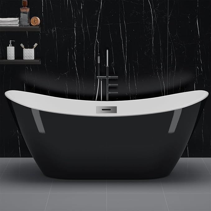 59" Deep Soaking Bathtub, Non-Slip Acrylic Tub with Chrome Drain, CUPC Certified, Ergonomic Modern Bath for Bathrooms, Easy-Install, Black Ingot