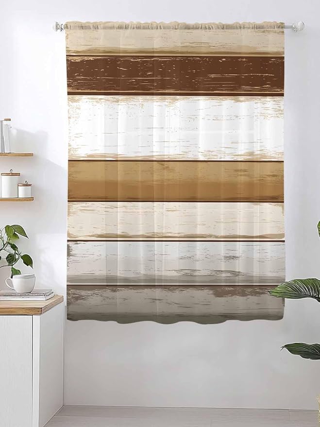 Sheer Curtains 72 Inches Long, Vintage Country Geometric Striped Privacy Voile - Image 2