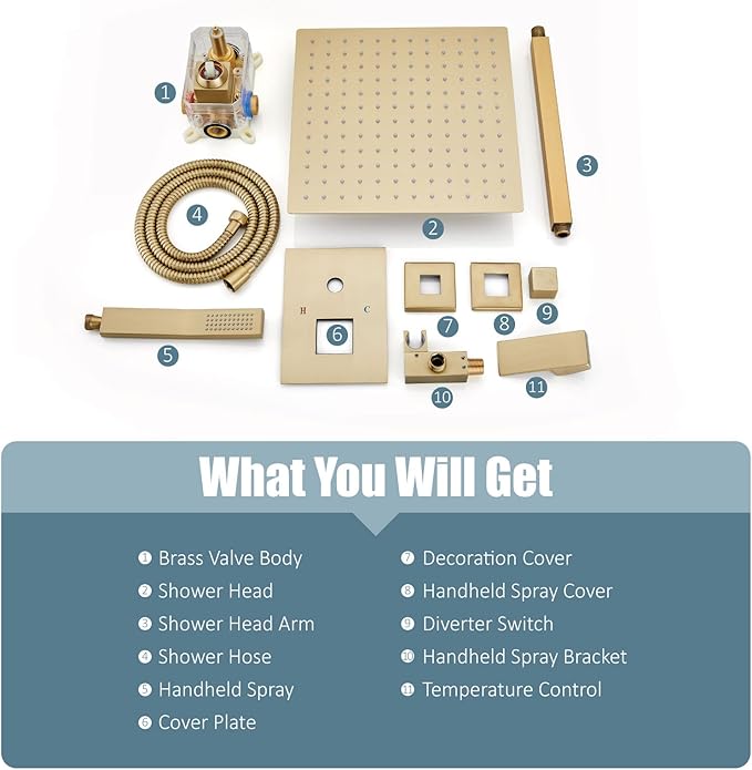 Aolemi Ceiling Mount Shower System Rain Shower Head with Handheld Spray High Pressure Shower Faucet Set Rough-in Valve Shower Trim Kit Included Bathroom Brushed Gold 10 Inch Ceiling Shower Head