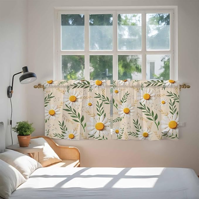 Spring Daisy Tier Curtains, Country Watercolor Flower Leaf Plant Light - Image 4